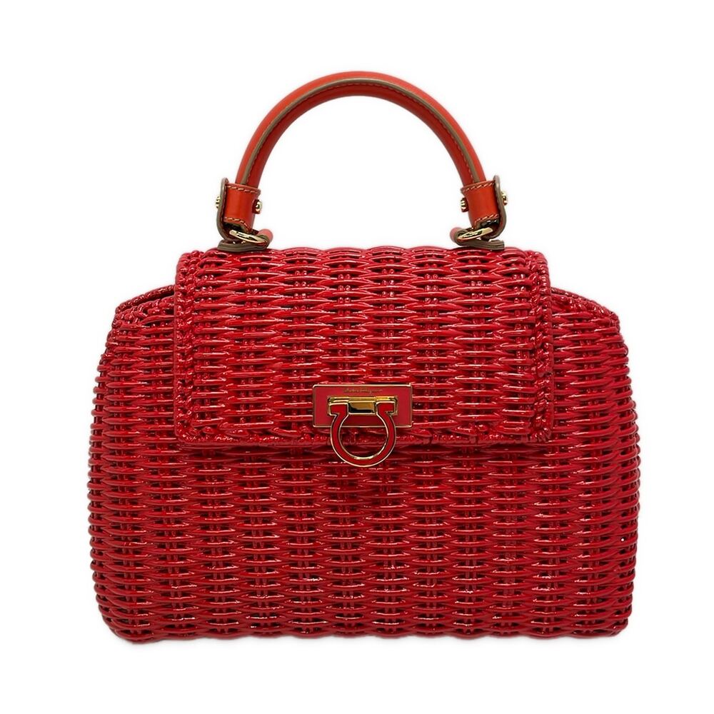 Salvatore Ferragamo Gancini Handbag 21-D758/EZ-21 D758 Red Orange Rattan Leather